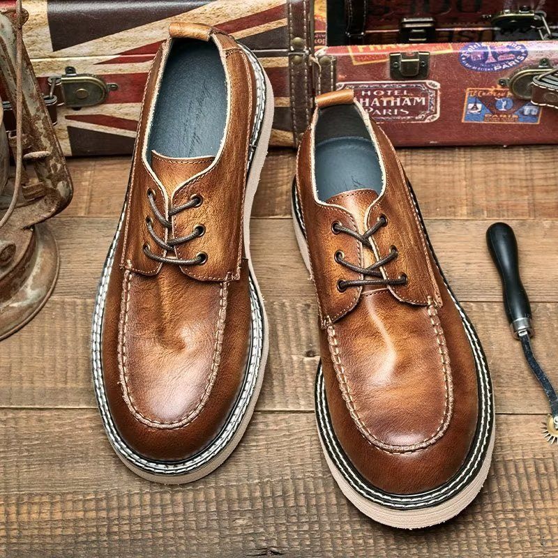 Sapatos Casuais Masculinos Elegantes Com Cadarço E Dedo Redondo - Café