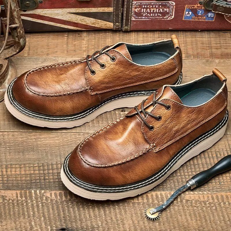 Sapatos Casuais Masculinos Elegantes Com Cadarço E Dedo Redondo - Café