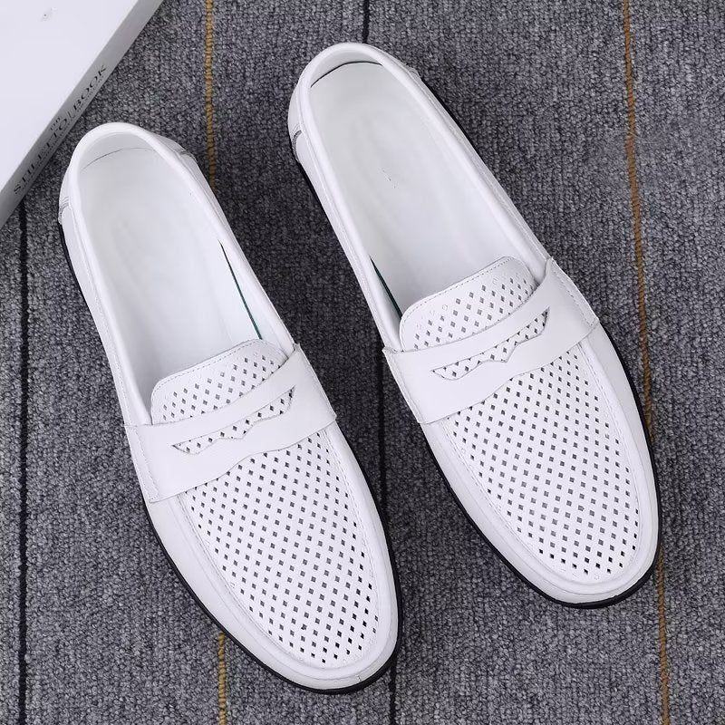 Sapatos Casuais Masculinos Elegantes Mocassins Pu Com Moda Metal - Buraco Branco