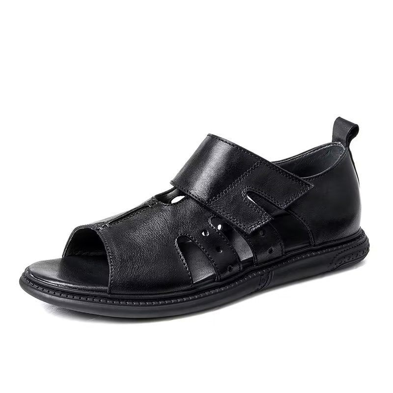 Sapatos Casuais Masculinos Elegantes Peep Toe Sandálias Velcro - Preto