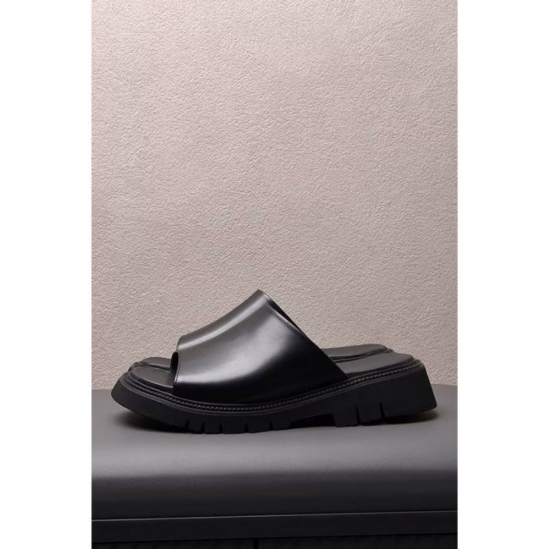 Sapatos Casuais Masculinos Elegantes Sandálias Negócios Com Plataforma Couro - Peep Toe - Preto