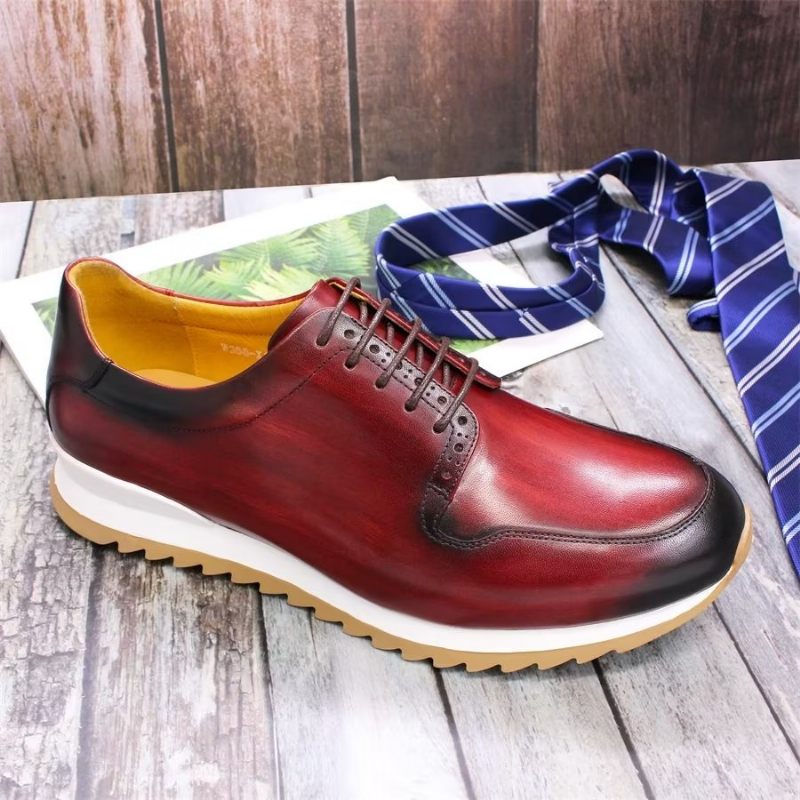 Sapatos Casuais Masculinos Luxo Artesanal Couro Pintado À Mão - Vermelho