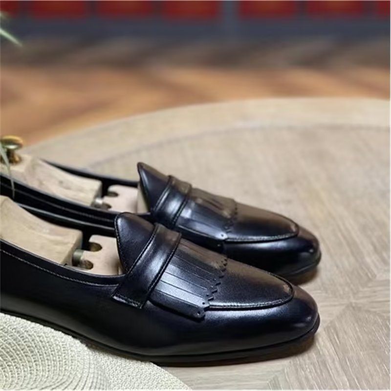 Sapatos Casuais Masculinos Luxo Com Borla Couro Deslizamento Em Mocassins - Preto