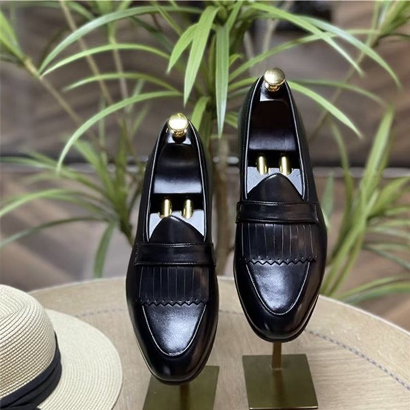 Sapatos Casuais Masculinos Luxo Com Borla Couro Deslizamento Em Mocassins - Preto