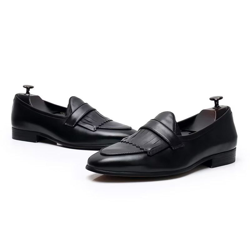 Sapatos Casuais Masculinos Luxo Com Borla Couro Deslizamento Em Mocassins - Preto