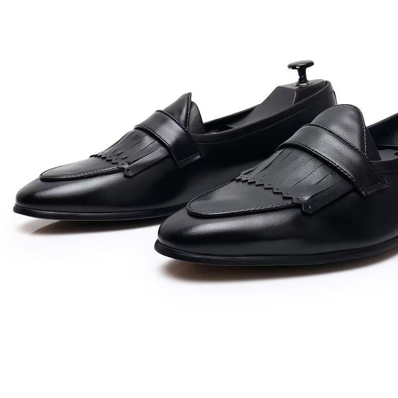 Sapatos Casuais Masculinos Luxo Com Borla Couro Deslizamento Em Mocassins - Preto