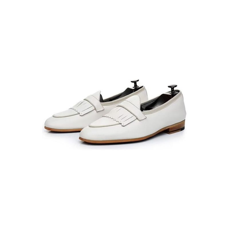 Sapatos Casuais Masculinos Luxo Com Borla Couro Deslizamento Em Mocassins - Branco