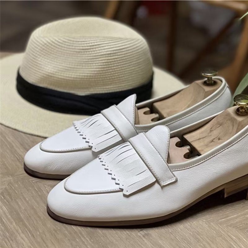 Sapatos Casuais Masculinos Luxo Com Borla Couro Deslizamento Em Mocassins - Branco