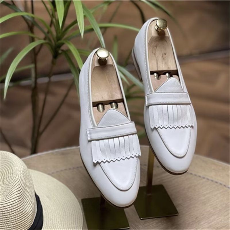 Sapatos Casuais Masculinos Luxo Com Borla Couro Deslizamento Em Mocassins - Branco