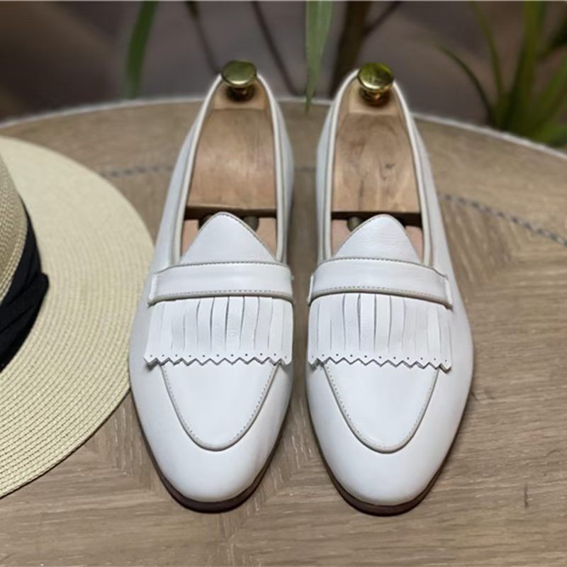 Sapatos Casuais Masculinos Luxo Com Borla Couro Deslizamento Em Mocassins - Branco