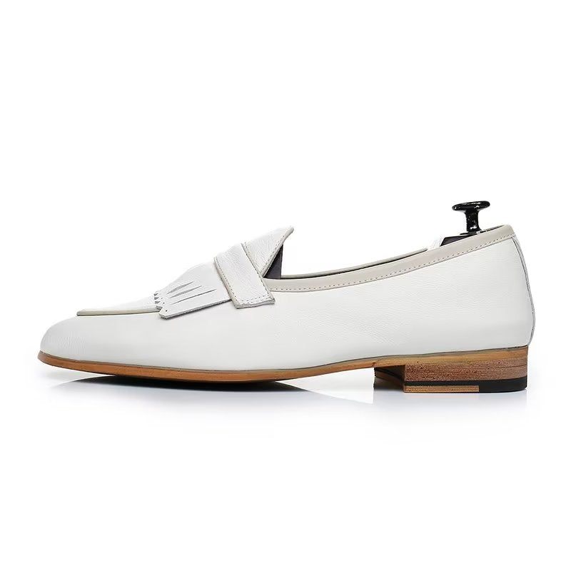 Sapatos Casuais Masculinos Luxo Com Borla Couro Deslizamento Em Mocassins - Branco