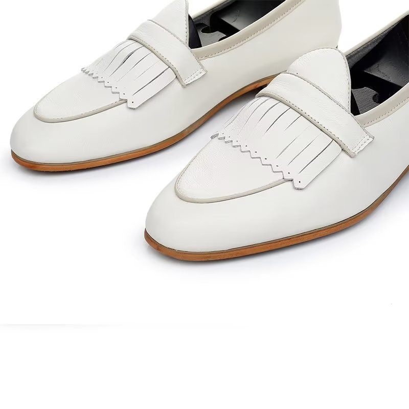 Sapatos Casuais Masculinos Luxo Com Borla Couro Deslizamento Em Mocassins - Branco