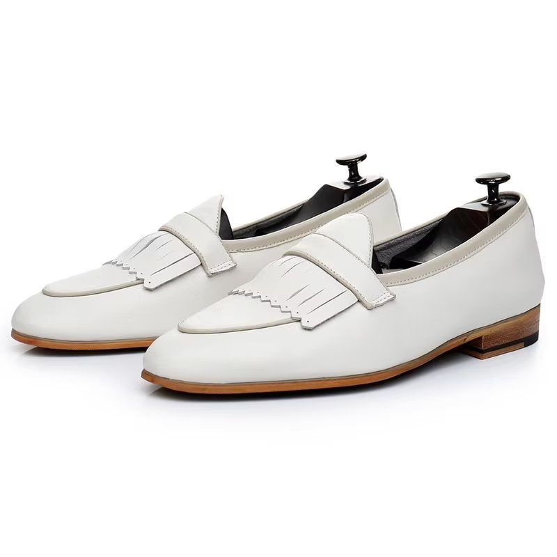 Sapatos Casuais Masculinos Luxo Com Borla Couro Deslizamento Em Mocassins - Branco