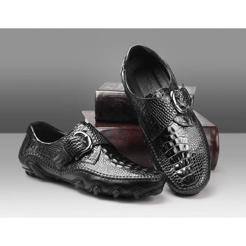 Sapatos Casuais Masculinos Luxo Com Textura Jacaré Penny Mocassins - Preto