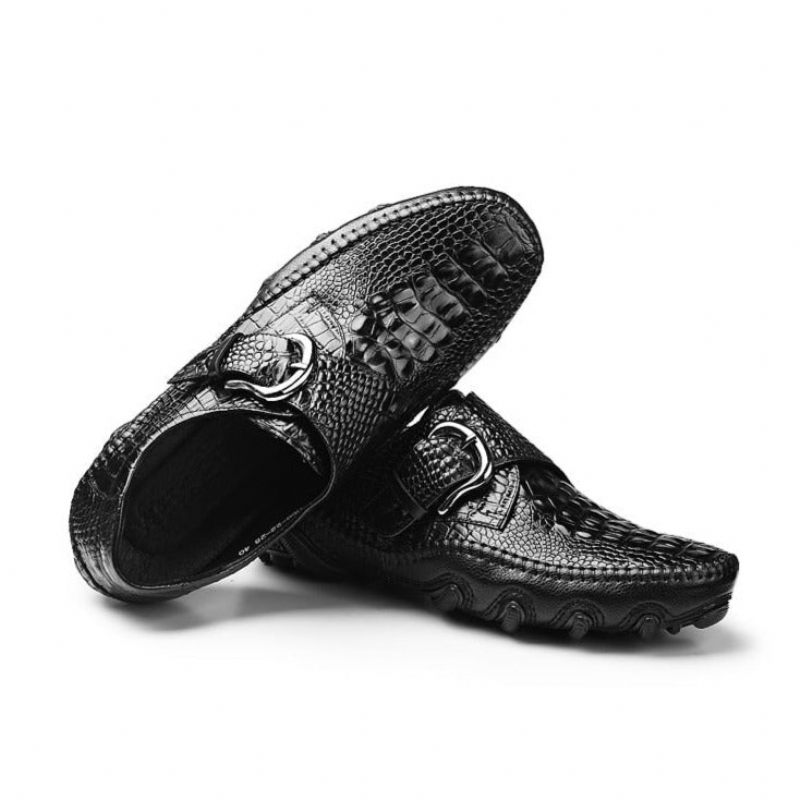 Sapatos Casuais Masculinos Luxo Com Textura Jacaré Penny Mocassins - Preto