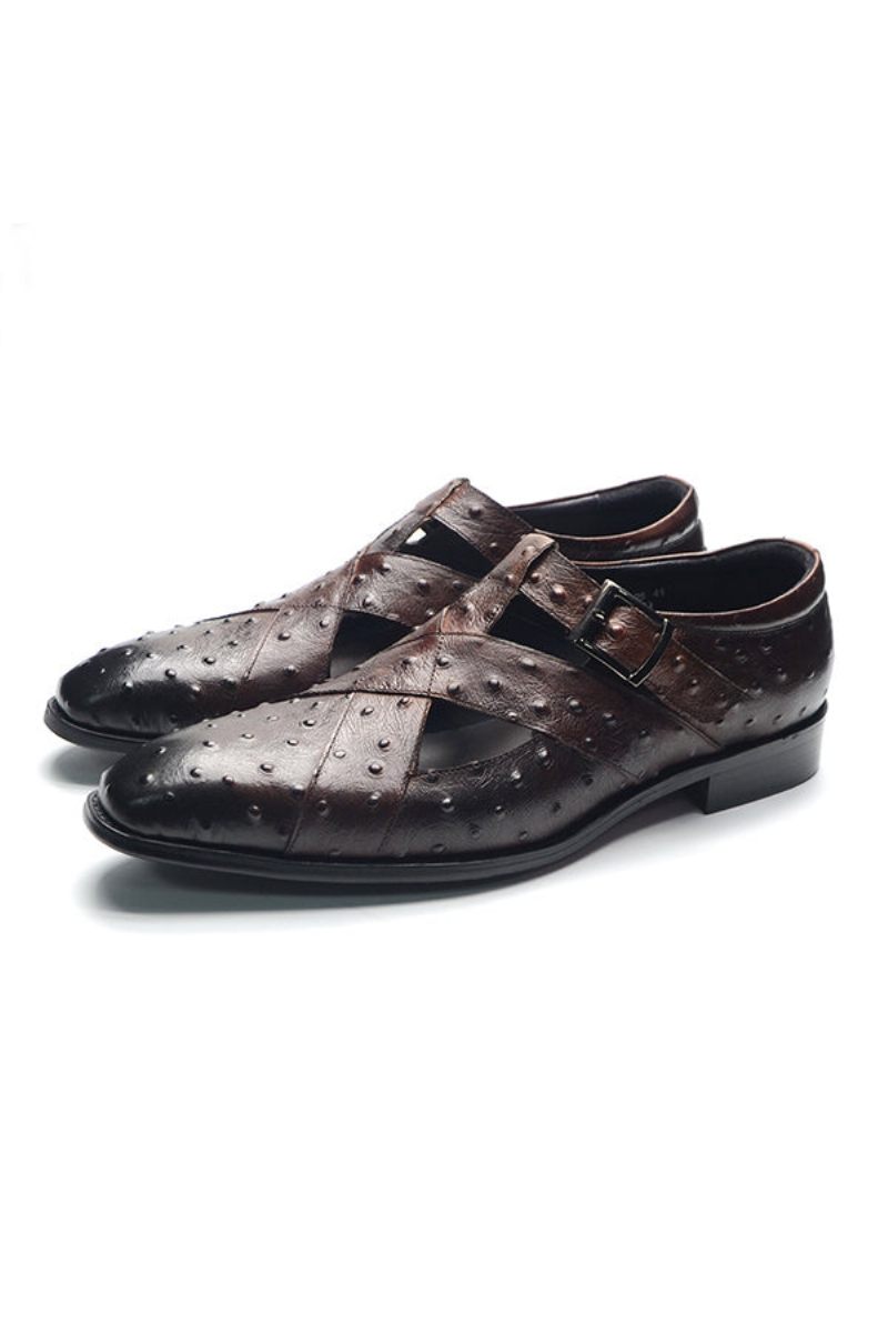 Sapatos Casuais Masculinos Luxuosos Couro Peep Toe Com Fivela E Sandálias - Café