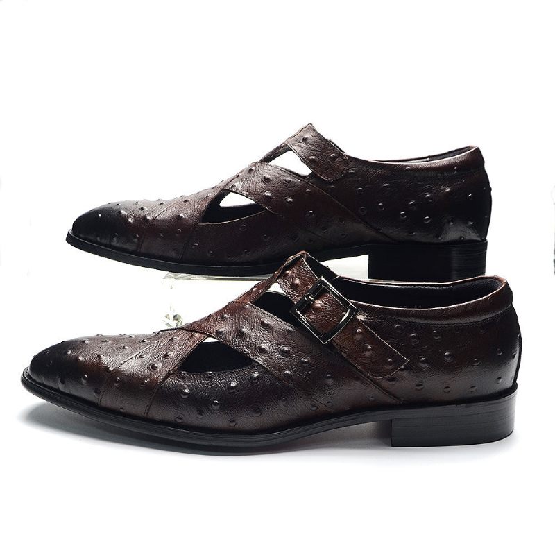 Sapatos Casuais Masculinos Luxuosos Couro Peep Toe Com Fivela E Sandálias - Café