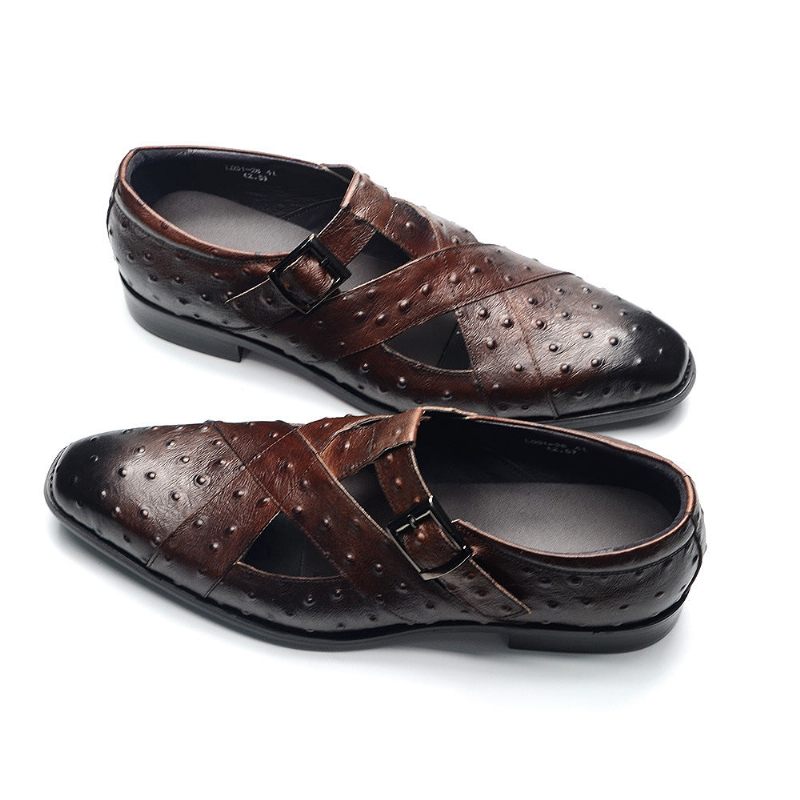 Sapatos Casuais Masculinos Luxuosos Couro Peep Toe Com Fivela E Sandálias - Café