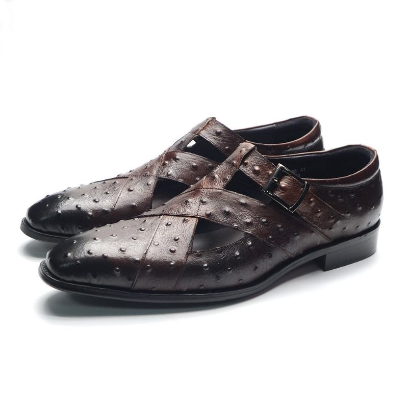 Sapatos Casuais Masculinos Luxuosos Couro Peep Toe Com Fivela E Sandálias - Café