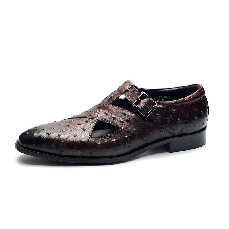 Sapatos Casuais Masculinos Luxuosos Couro Peep Toe Com Fivela E Sandálias - Café