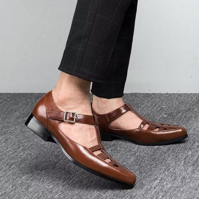 Sapatos Casuais Masculinos Sandálias Brogue Couro - Marrom