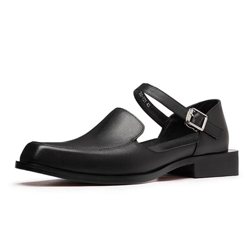 Sapatos Casuais Masculinos Sandálias Chiques Couro Com Fivela - Preto