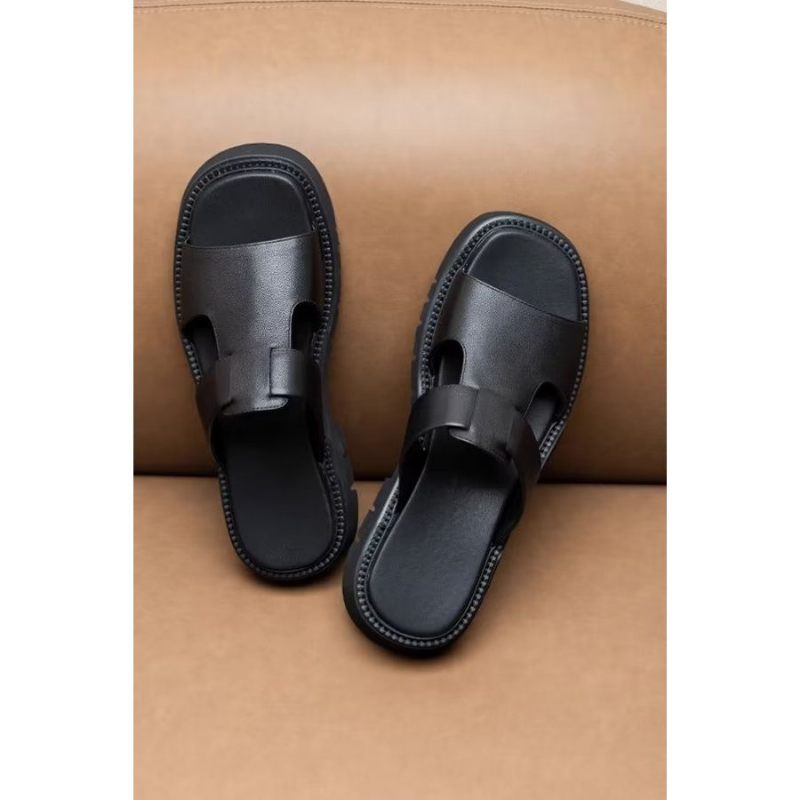 Sapatos Casuais Masculinos Sandálias Negócios Couro Luxo - Preto