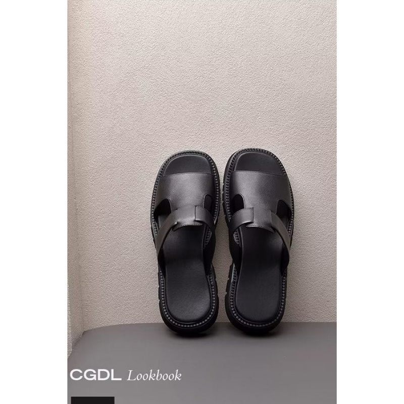 Sapatos Casuais Masculinos Sandálias Negócios Couro Luxo - Preto