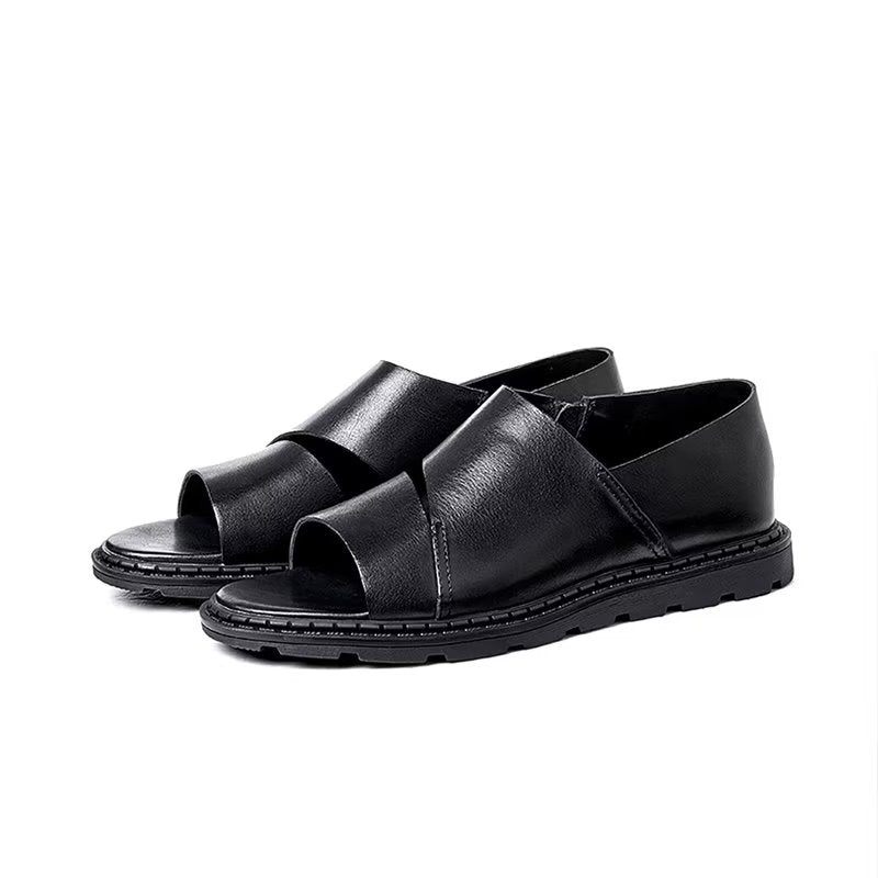 Sapatos Casuais Masculinos Sandálias Peep Toe Couro - Preto