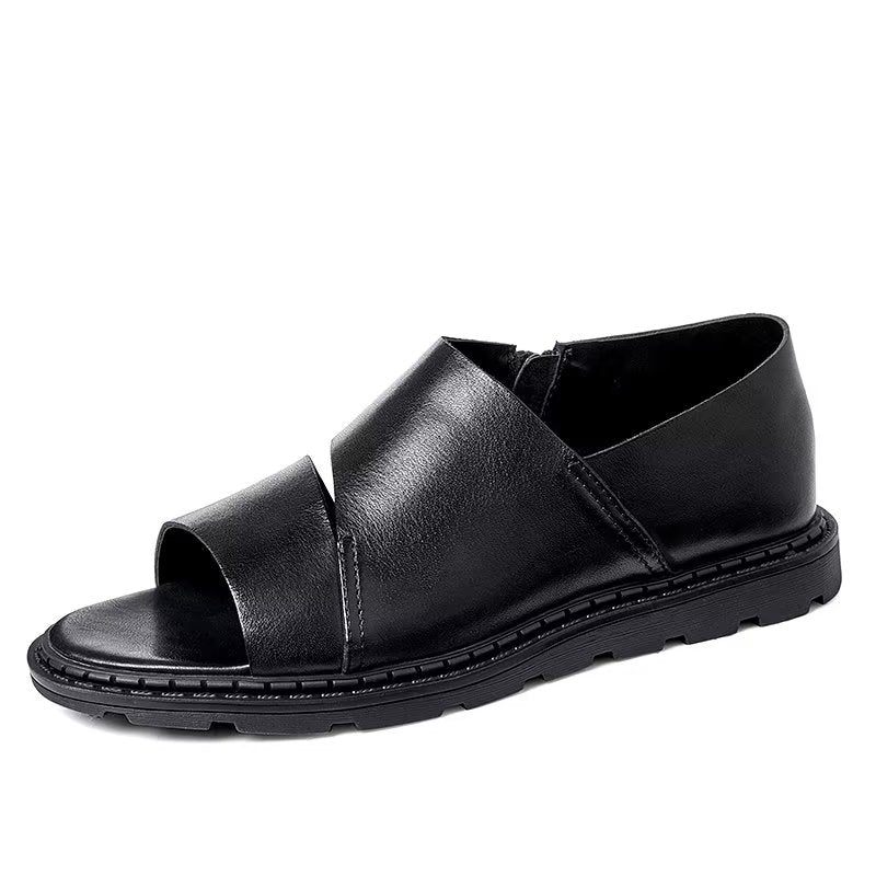 Sapatos Casuais Masculinos Sandálias Peep Toe Couro - Preto