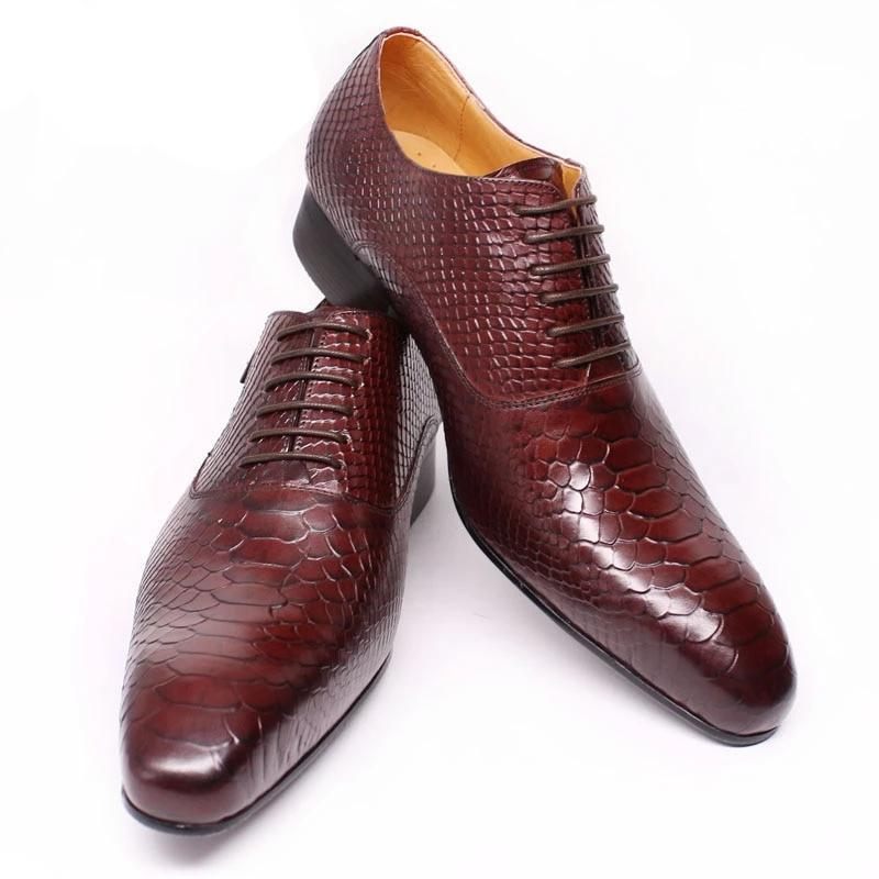 Sapatos Formais Masculinos Borgonha Serpente Lace-up Oxford Sociais - Vermelho 