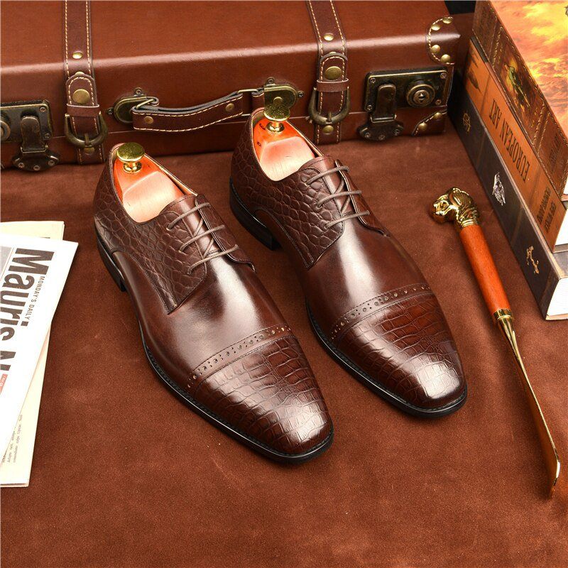 Sapatos Formais Masculinos Brogue Exóticos Com Cadarços - Café