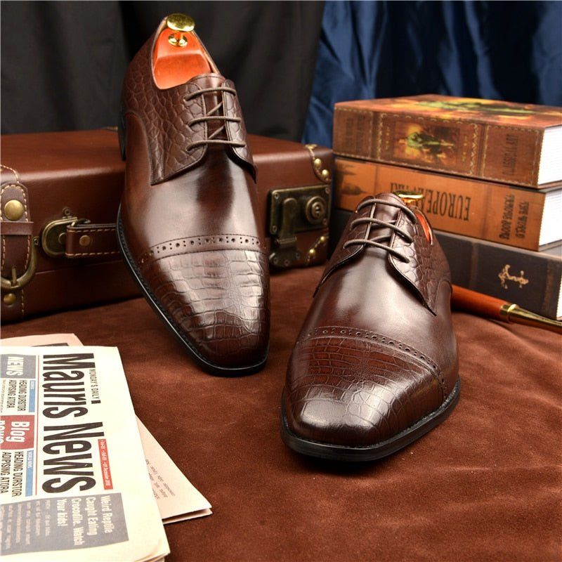 Sapatos Formais Masculinos Brogue Exóticos Com Cadarços - Café