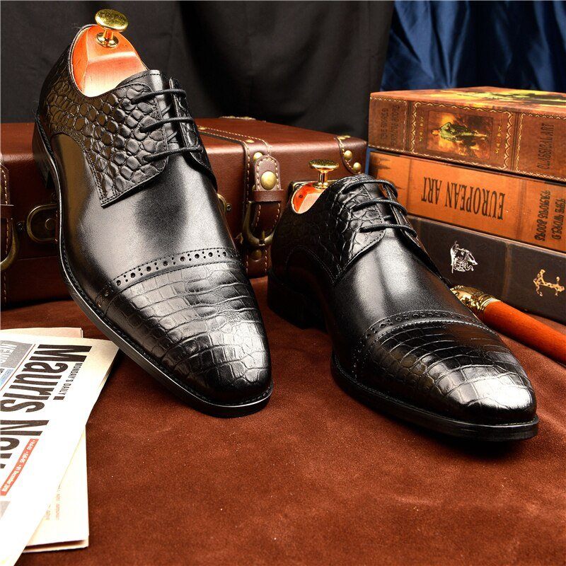 Sapatos Formais Masculinos Brogue Exóticos Com Cadarços - Preto