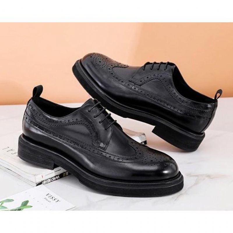 Sapatos Formais Masculinos Brogues Couro Genuíno Com Cordões - Preto