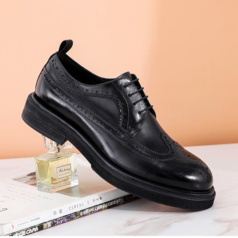 Sapatos Formais Masculinos Brogues Couro Genuíno Com Cordões - Preto