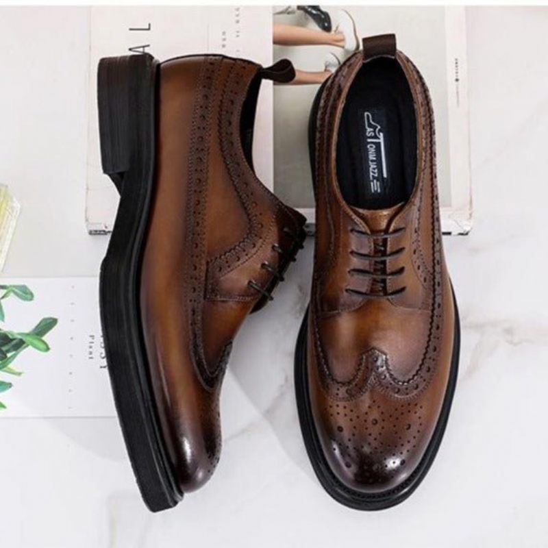 Sapatos Formais Masculinos Brogues Couro Genuíno Com Cordões - Marrom