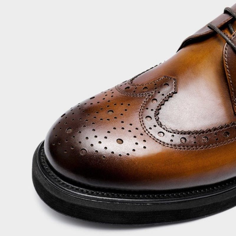 Sapatos Formais Masculinos Brogues Couro Genuíno Com Cordões - Marrom