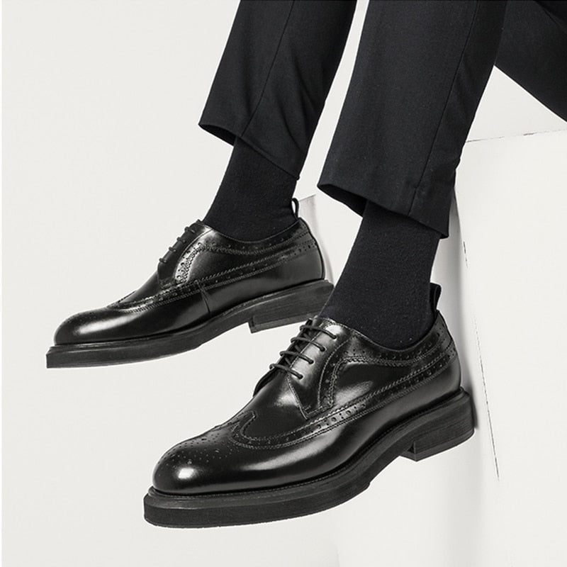 Sapatos Formais Masculinos Brogues Couro Genuíno Com Cordões - Preto