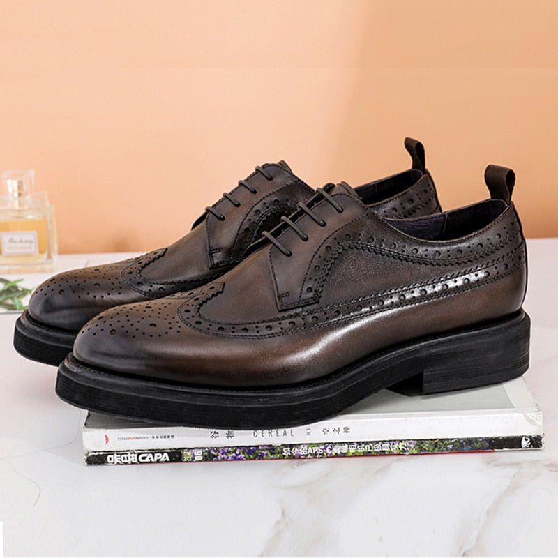 Sapatos Formais Masculinos Brogues Couro Genuíno Com Cordões - Café