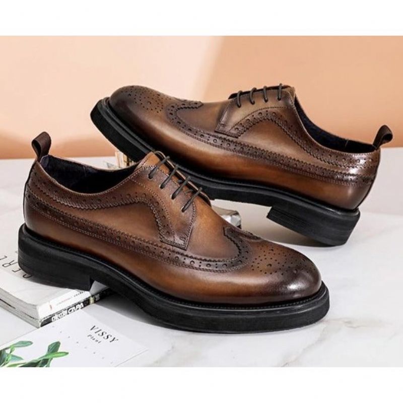 Sapatos Formais Masculinos Brogues Couro Genuíno Com Cordões - Marrom