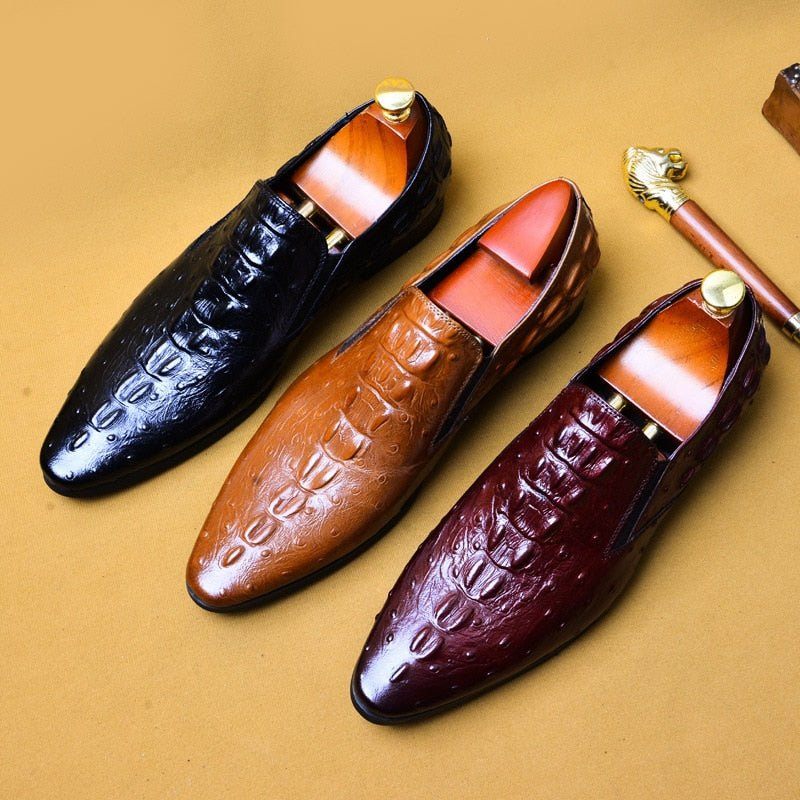 Sapatos Formais Masculinos Chique Crocleather Bico Fino Deslizamento Em Sociais - Vermelho