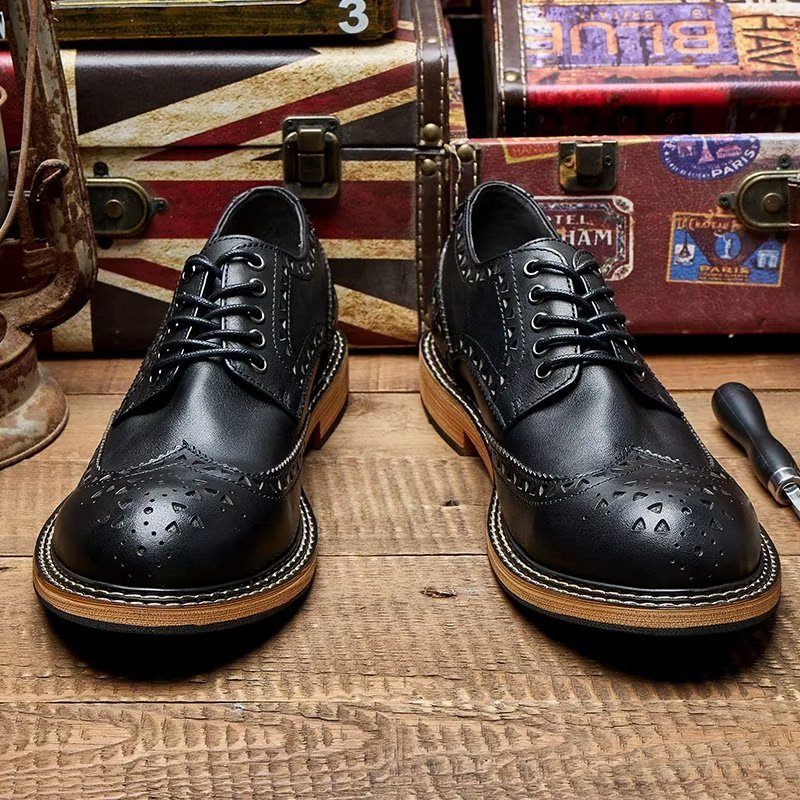 Sapatos Formais Masculinos Chiques Com Bico Redondo E Luxuosos Cadarço - Preto