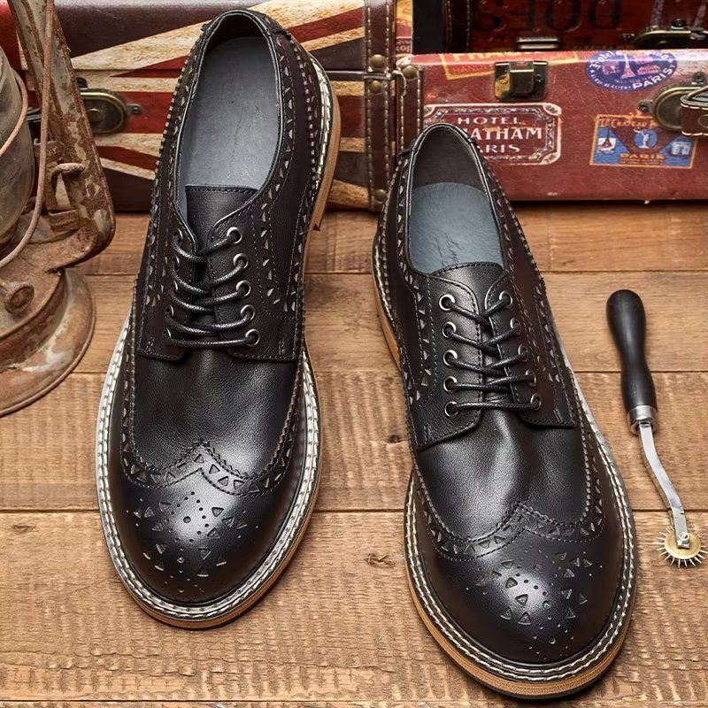 Sapatos Formais Masculinos Chiques Com Bico Redondo E Luxuosos Cadarço - Preto