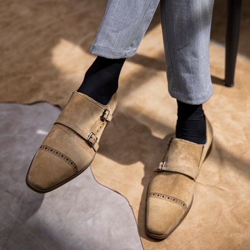 Sapatos Formais Masculinos Chiques Com Fecho Fivela Monkstraps - Bege