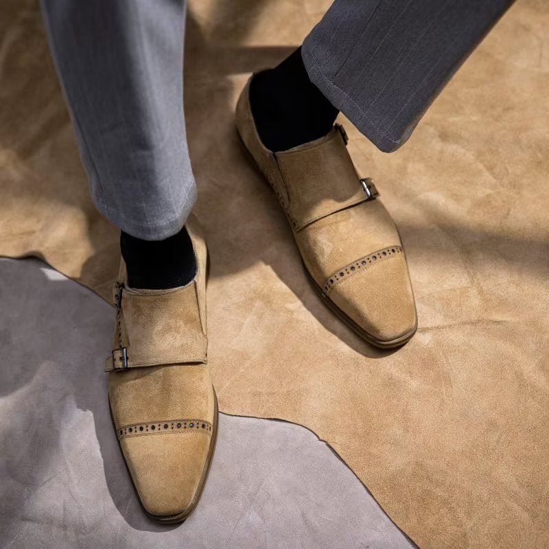 Sapatos Formais Masculinos Chiques Com Fecho Fivela Monkstraps - Bege