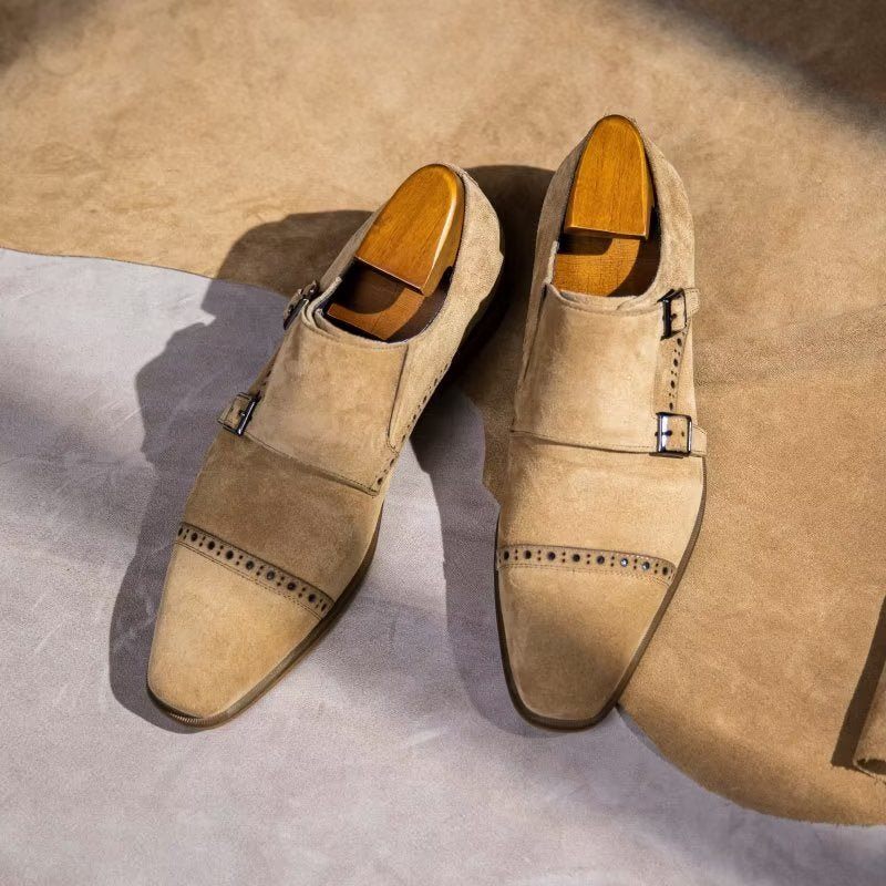 Sapatos Formais Masculinos Chiques Com Fecho Fivela Monkstraps - Bege