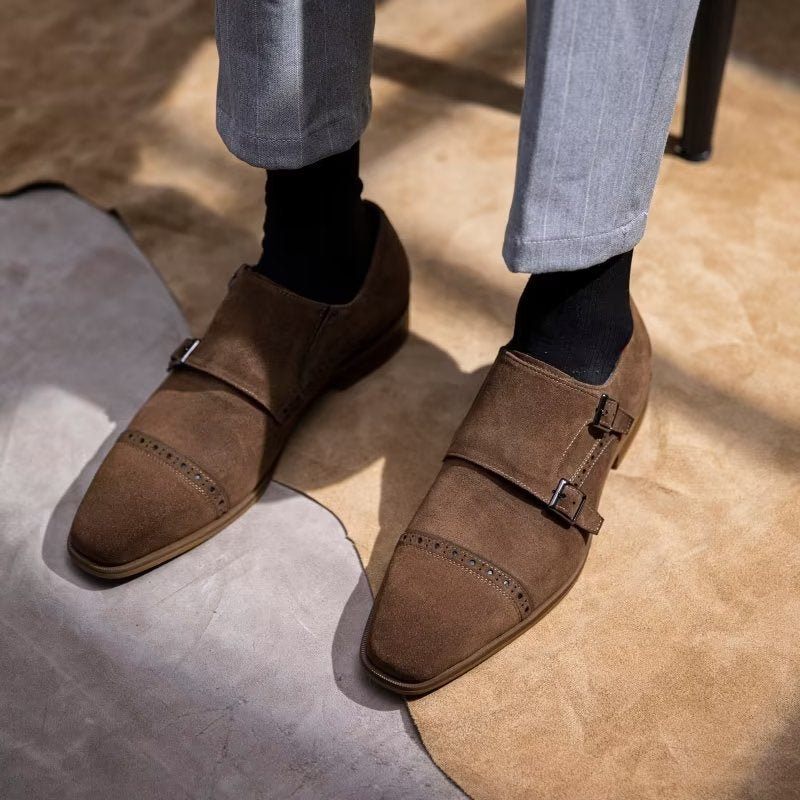 Sapatos Formais Masculinos Chiques Com Fecho Fivela Monkstraps - Marrom