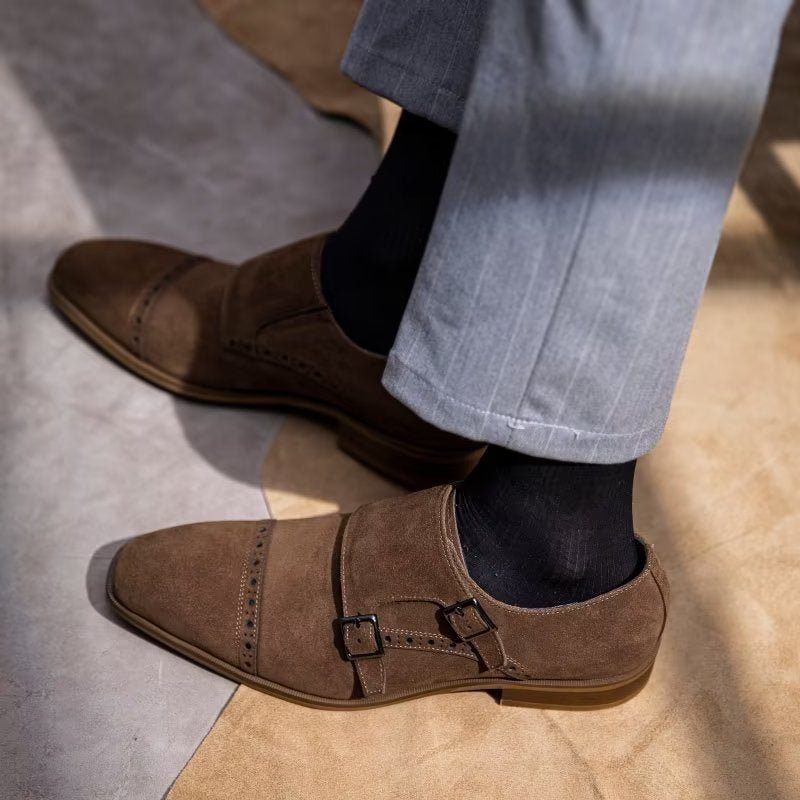 Sapatos Formais Masculinos Chiques Com Fecho Fivela Monkstraps - Marrom