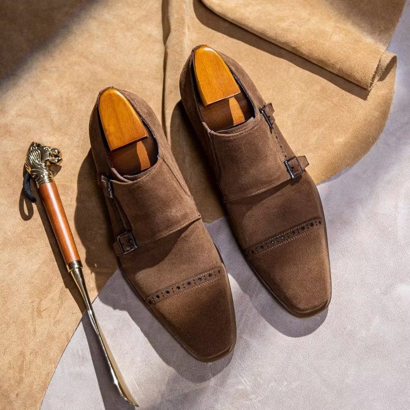 Sapatos Formais Masculinos Chiques Com Fecho Fivela Monkstraps - Marrom